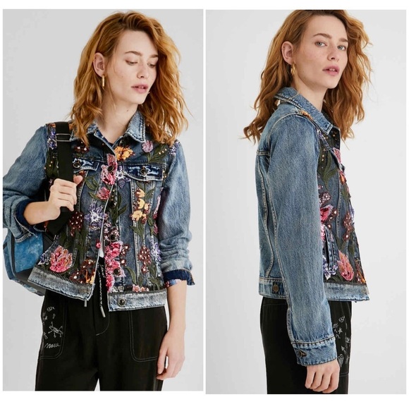 New! Desigual Balt Sequin Embroidered Denim Jacket 🌸 Medium - Picture 1 of 12